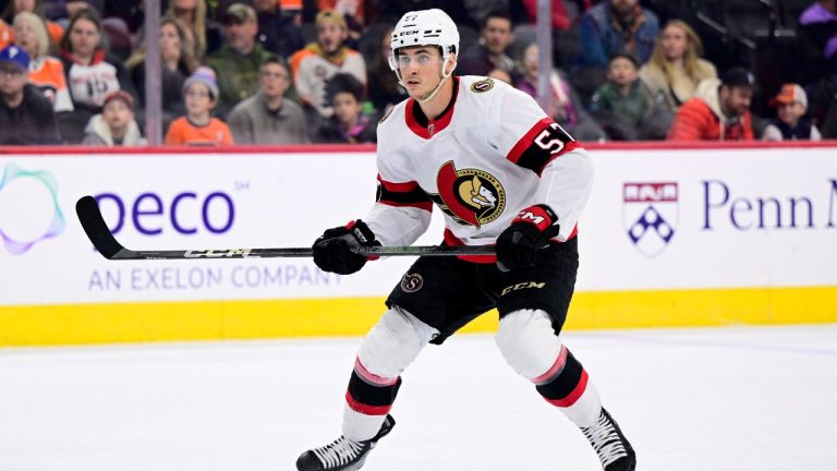 Ottawa Senators' Shane Pinto skates during the first period of an NHL hockey game against the Philadelphia Flyers, Sunday, Jan. 21, 2024, in Philadelphia. (Derik Hamilton/AP)