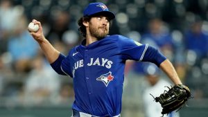 Toronto Blue Jays relief pitcher Jordan Romano throws during the ninth inning of a baseball game against the Kansas City Royals Monday, April 22, 2024, in Kansas City, Mo. (Charlie Riedel/AP)