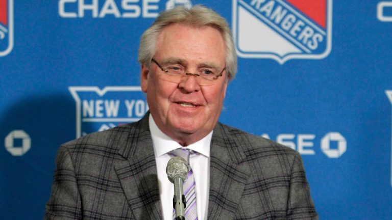 New York Rangers President and General Manager Glen Sather gestures as he speaks at Madison Square Garden in New York, Monday, Feb. 27, 2012. (Kathy Willen/AP)