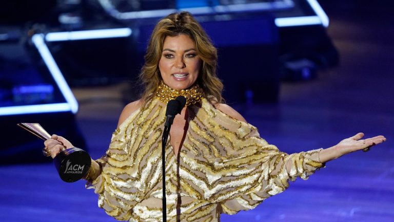 Shania Twain accepts the Poet's Award during the Academy of Country Music Honors award show Wednesday, Aug. 24, 2022, in Nashville, Tenn. Twain will drop a new album in February, before embarking on a world tour in April. (Mark Humphrey/AP Photo)