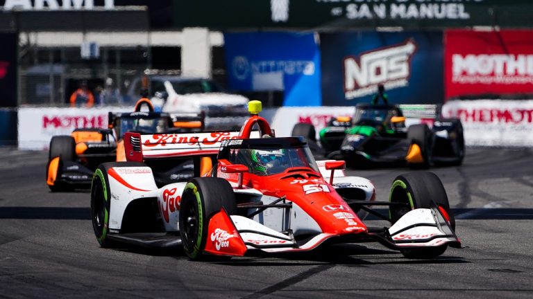 Dale Coyne Racing driver Nolan Siegel, front, leads Arrow McLaren SP driver Pato O'Ward and Juncos Hollinger Racing driver Agustin Canapino during the IndyCar Grand Prix of Long Beach auto race Sunday, April 21, 2024, in Long Beach, Calif. (Ryan Sun/AP)