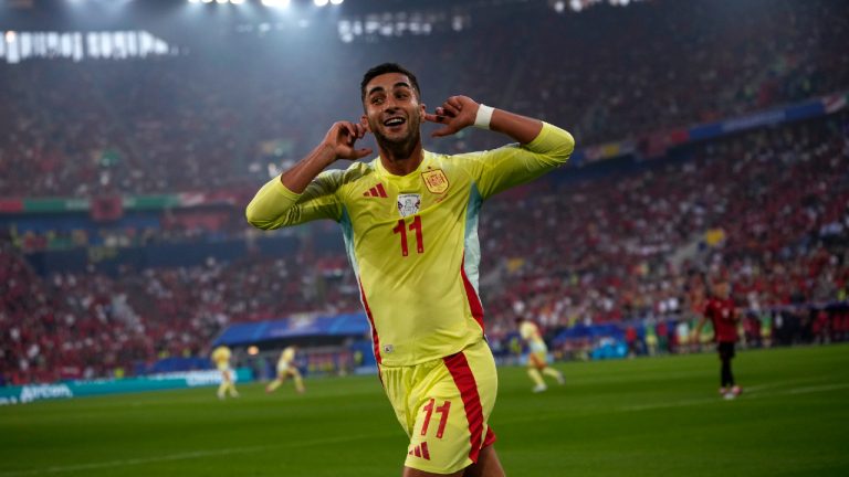 Spain's Ferran Torres celebrates after scoring his side's opening goal during a Group B match between Albania and Spain at the Euro 2024 soccer tournament in Duesseldorf, Germany, Monday, June 24, 2024. (Alessandra Tarantino/AP)