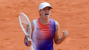 Poland's Iga Swiatek celebrates. Thursday, June 6, 2024. (Aurelien Morissard/AP Photo)