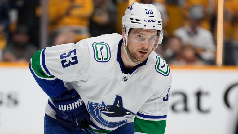 Vancouver Canucks centre Teddy Blueger (53) plays against the Nashville Predators during the second period in Game 6 of an NHL hockey Stanley Cup first-round playoff series Friday, May 3, 2024, in Nashville, Tenn. (George Walker IV/AP)