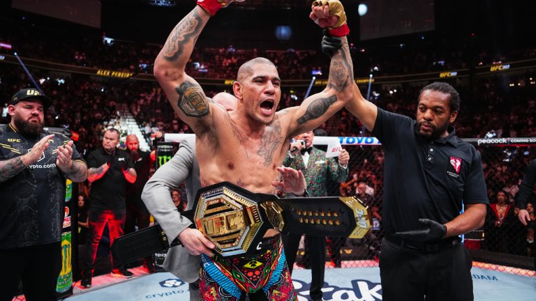 Alex Pereira of Brazil reacts to his victory in the UFC light heavyweight championship fight against Jiri Prochazka of the Czech Republic during the UFC 303 event at T-Mobile Arena on June 29, 2024 in Las Vegas, Nevada. (Photo by Jeff Bottari/Zuffa LLC via Getty Images)