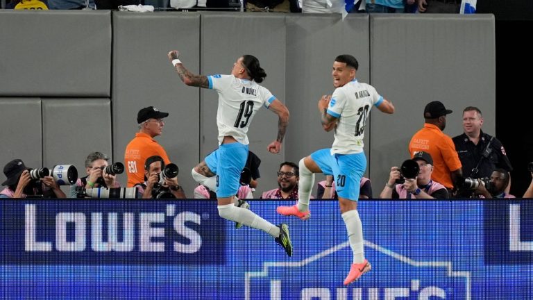 Uruguay's Darwin Nunez celebrates after scoring his side's 2nd goal against Bolivia during a Copa America Group C soccer match in East Rutherford, N.J., Thursday, June 27, 2024. (Julia Nikhinson/AP Photo)