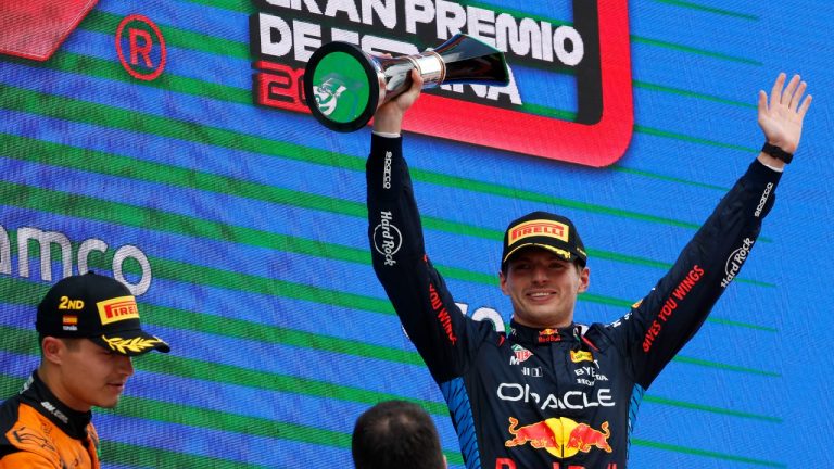 Red Bull driver Max Verstappen of the Netherlands celebrates after winning the Formula 1 Spanish Grand Prix race at the Barcelona Catalunya racetrack in Montmelo, near Barcelona, Spain, Sunday, June 23, 2024. (Joan Monfort/AP)