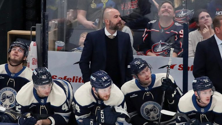 Pascal Vincent, centre top, pictured while coaching the Columbus Blue Jackets during the third period of an NHL hockey game against the Philadelphia Flyers, Saturday, April 6, 2024, in Columbus, Ohio. (Joe Maiorana/AP)