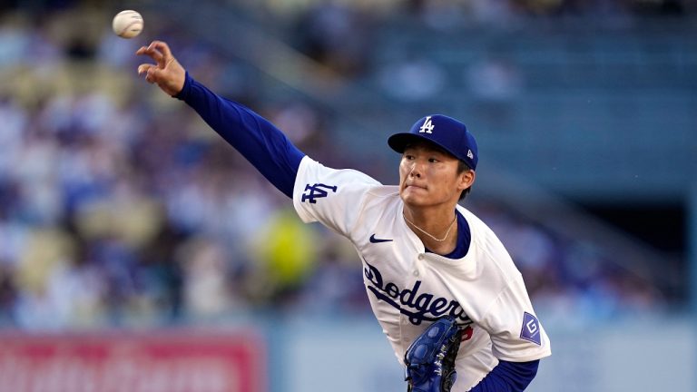 Los Angeles Dodgers starting pitcher Yoshinobu Yamamoto throws to the plate during the first inning of a baseball game against the Kansas City Royals Saturday, June 15, 2024, in Los Angeles. (Mark J. Terrill/AP)