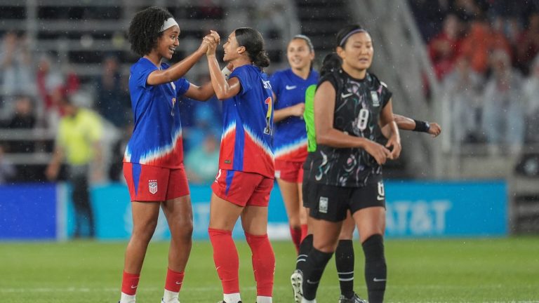 United States midfielder Lily Yohannes, left, and forward Sophia Smith, center, celebrate after the 3-0 win against South Korea of an international friendly soccer match in St. Paul, Minn., Tuesday, June 4, 2024. (AAbbi Parr/AP Photo)