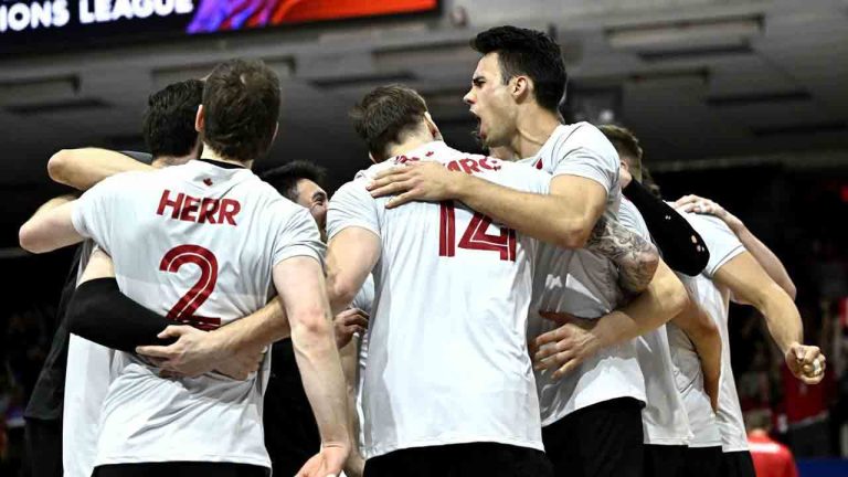 Captain Nick Hoag will lead Canada's men's volleyball team at the upcoming Paris Olympics. Canada's Xander Ketrzynski (right) embraces his teammates after defeating the USA in Volleyball Nations League action, in Ottawa, on Saturday, June 8, 2024. (Justin Tang/CP)