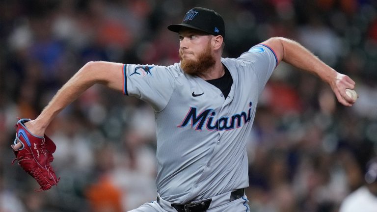 Miami Marlins relief pitcher A.J. Puk delivers during the seventh inning of a baseball game against the Houston Astros Tuesday, July 9, 2024, in Houston. (Kevin M. Cox/AP)