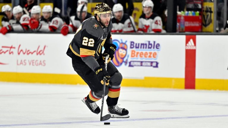 Vegas Golden Knights right wing Michael Amadio (22) skates with the puck against the New Jersey Devils during the second period of an NHL hockey game Sunday, March 17, 2024, in Las Vegas. (David Becker/AP Photo)