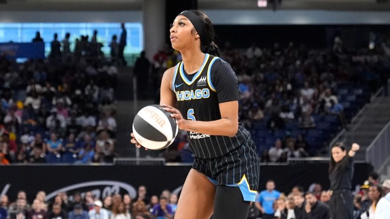 Chicago Sky's Angel Reese eyes the basket in a WNBA game against the New York Liberty, June 4, 2024, in Chicago. (AP Photo/Charles Rex Arbogast)