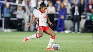 Canada's Ashley Lawrence plays against the United States during a SheBelieves Cup women's soccer match Tuesday, April 9, 2024, in Columbus, Ohio. (AP/Jay LaPrete)