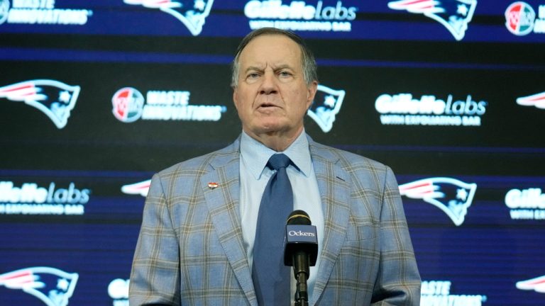 Former New England Patriots head coach Bill Belichick faces reporters during an NFL news conference announcing he is parting ways with the team, Jan. 11, 2024, in Foxborough, Mass. (AP Photo/Steven Senne)