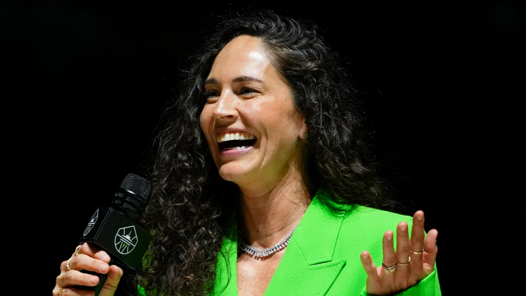 Former Seattle Storm guard Sue Bird speaks during her jersey retirement ceremony following a WNBA basketball game between the Storm and the Washington Mystics, Sunday, June 11, 2023, in Seattle. (/Lindsey Wasson/AP)