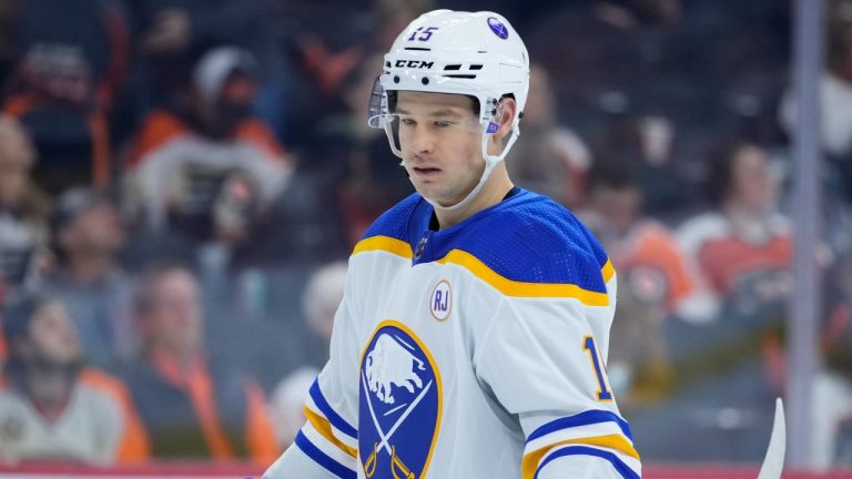 Buffalo Sabres' Brandon Biro plays during an NHL game, Nov. 1, 2023, in Philadelphia. (AP Photo/Matt Slocum)