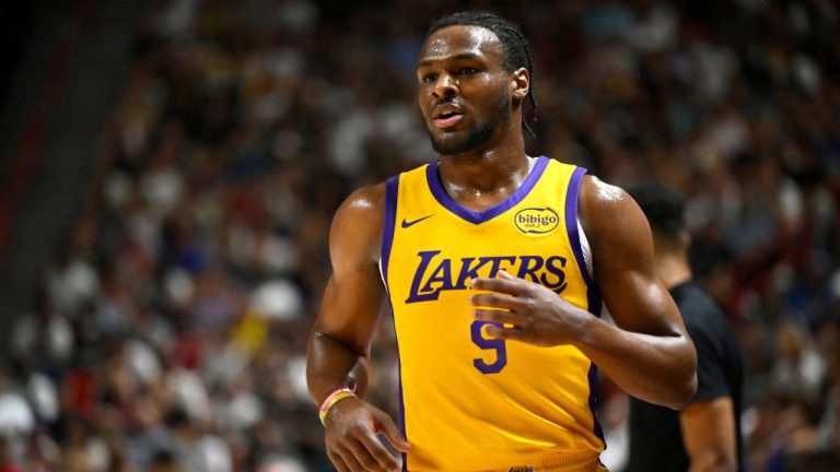 Los Angeles Laker guard Bronny James Jr. looks on during the first half of an NBA summer league basketball game against the Houston Rockets Friday, July 12, 2024, in Las Vegas. (David Becker/AP Photo)