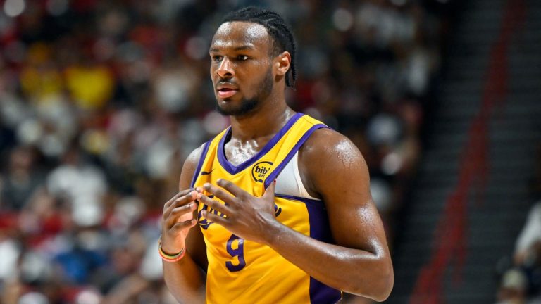 Los Angeles Laker guard Bronny James Jr. looks on during the first half of an NBA summer league game against the Houston Rockets, July 12, 2024. (AP Photo/David Becker)