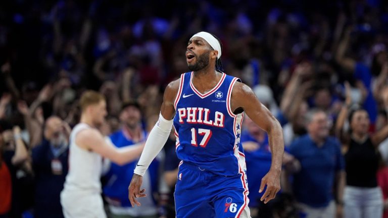 Philadelphia 76ers' Buddy Hield reacts during the first half of Game 6 in an NBA basketball first-round playoff series against the New York Knicks, Thursday, May 2, 2024, in Philadelphia. (Matt Slocum/AP Photo)