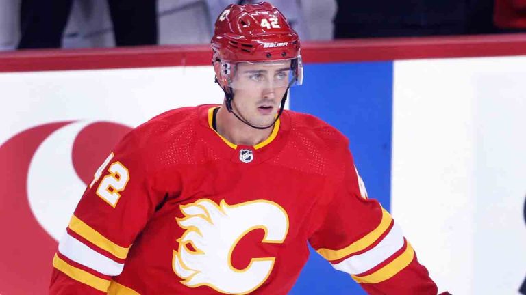 NHL profile photo on Calgary Flames player Glenn Gawdin at a game against the Edmonton Oilers in Calgary, Alta. on Sept. 26, 2021. (Larry MacDougal/CP)