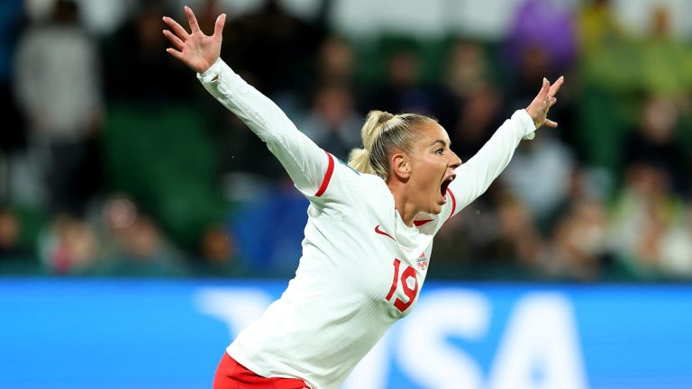 Adriana Leon of Canada celebrates her second half goal against Ireland during their Group B match at the FIFA Women's World Cup in Perth, Australia, Wednesday, July 26, 2023. (James Worsfold/CP)