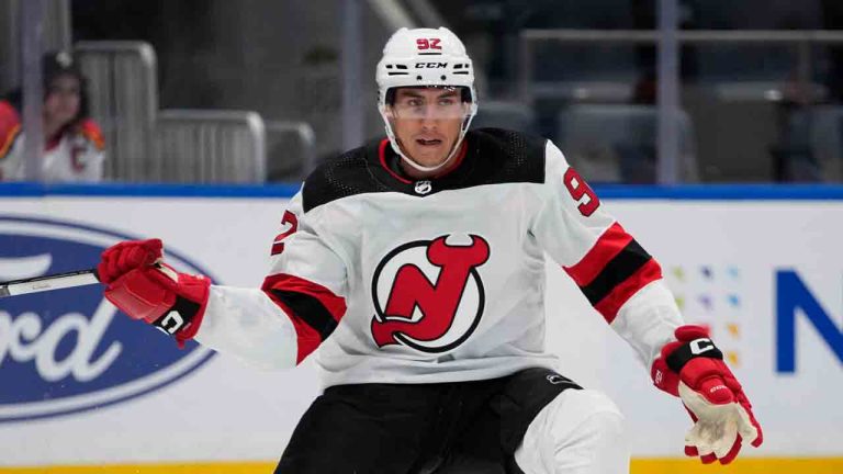 New Jersey Devils' Tomas Nosek (92) during the first period of a preseason NHL hockey game against the New York Islanders Friday, Oct. 6, 2023, in Elmont, N.Y. (Frank Franklin II/AP)