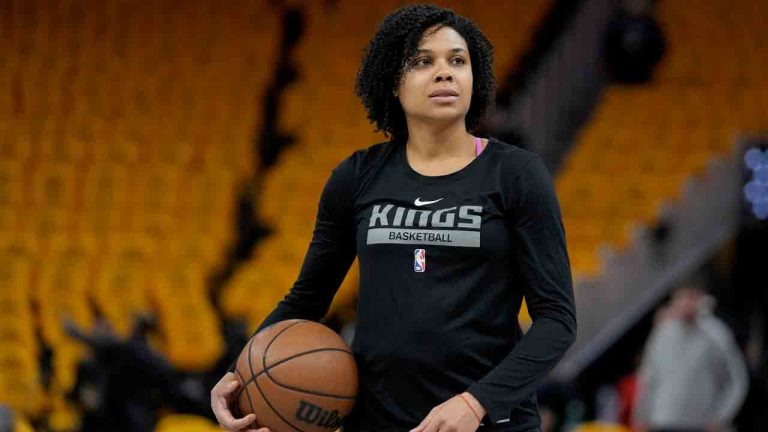 Sacramento Kings assistant coach Lindsey Harding looks on before Game 3 in the first round of the NBA basketball playoffs in San Francisco, April 20, 2023. (Jeff Chiu/AP)