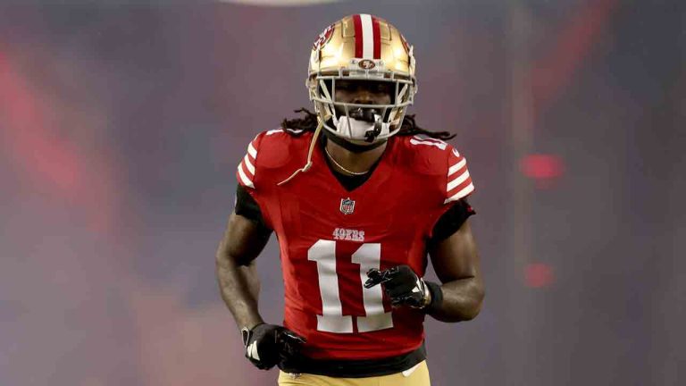 San Francisco 49ers' Brandon Aiyuk (11) enters the field before an NFL football NFC divisional playoff game against the Green Bay Packers, Saturday, Jan. 20, 2024, in Santa Clara, Calif. (Jed Jacobsohn/AP)