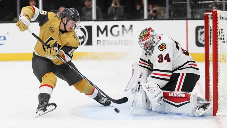 Vegas Golden Knights left wing Pavel Dorofeyev (16) attempts to score a goal past Chicago Blackhawks goaltender Petr Mrazek (34) during the second period of an NHL hockey game Tuesday, April 16, 2024, in Las Vegas. (Ian Maule/AP)