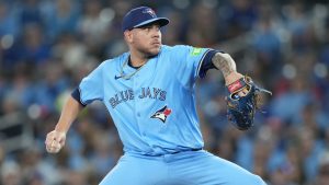 Toronto Blue Jays pitcher Yariel Rodríguez (29) throws against the Kansas City Royals during first inning MLB baseball action in Toronto on Monday, April 29, 2024. THE CANADIAN PRESS/Nathan Denette 