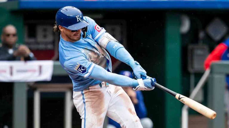 Kansas City Royals shortstop Bobby Witt Jr. makes contact with the ball during a baseball game against the Texas Rangers Sunday, May 5, 2024, in Kansas City, Mo. (Nick Tre. Smith/AP)