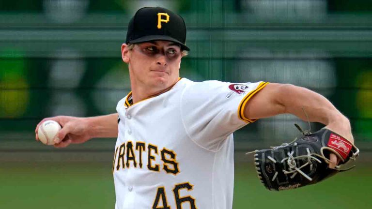 Pittsburgh Pirates starting pitcher Quinn Priester delivers during the first inning of a baseball game against the Los Angeles Angels in Pittsburgh, Tuesday, May 7, 2024. (Gene J. Puskar/AP)