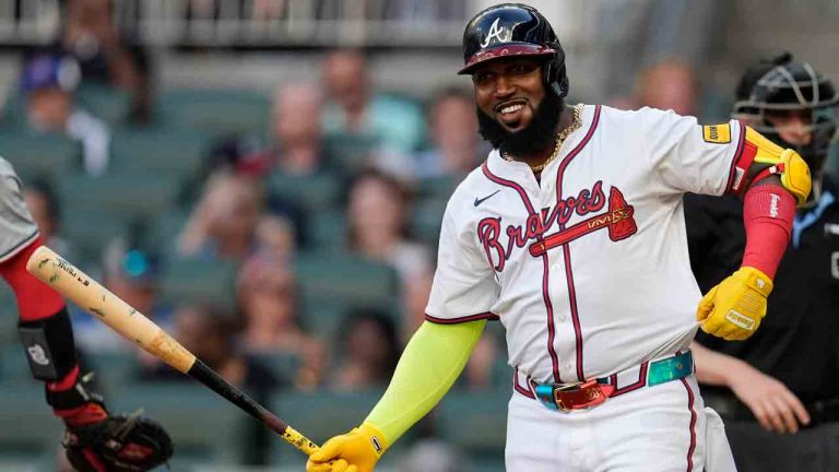 Atlanta Braves designated hitter Marcell Ozuna (20) reacts to a pitch against the Washington Nationals in the first inning of a baseball game, Tuesday, May 28, 2024, in Atlanta. (Mike Stewart/AP)