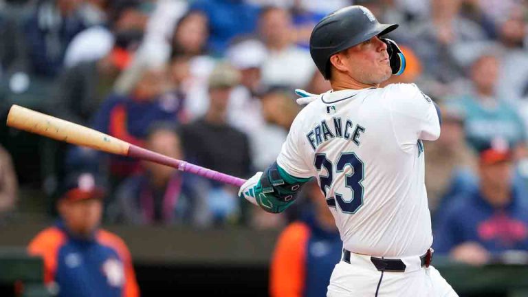 Seattle Mariners' Ty France follows through during a baseball game against the Houston Astros, Monday, May 27, 2024, in Seattle. (Lindsey Wasson/AP)