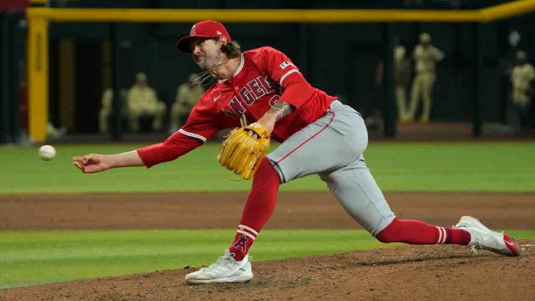 Los Angeles Angels pitcher Adam Cimber (90) throws against the Arizona Diamondbacks in the seventh inning during a baseball game, Tuesday, June 11, 2024, in Phoenix. (Rick Scuteri/AP)