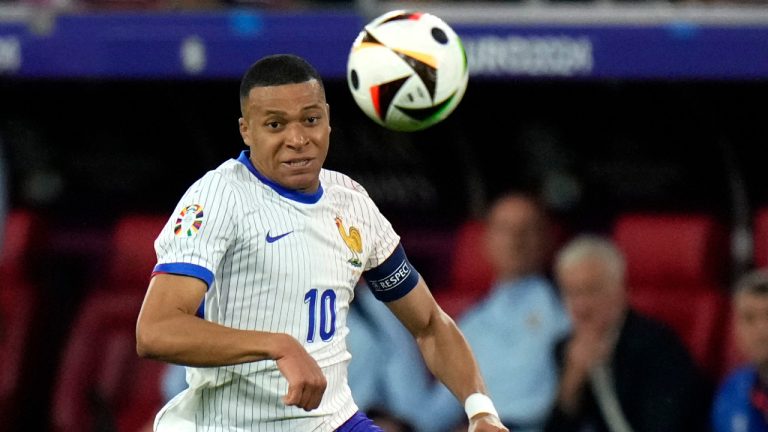 Kylian Mbappe of France controls the ball during a Group D match between Austria and France at the Euro 2024 soccer tournament in Duesseldorf, Germany, Monday, June 17, 2024. (AP Photo/Alessandra Tarantino) 