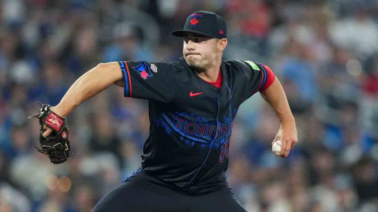 Toronto Blue Jays pitcher Brandon Eisert makes his major league debut against the Boston Red Sox during eighth inning American League MLB baseball action in Toronto on Monday, June 17, 2024. (Nathan Denette/CP)