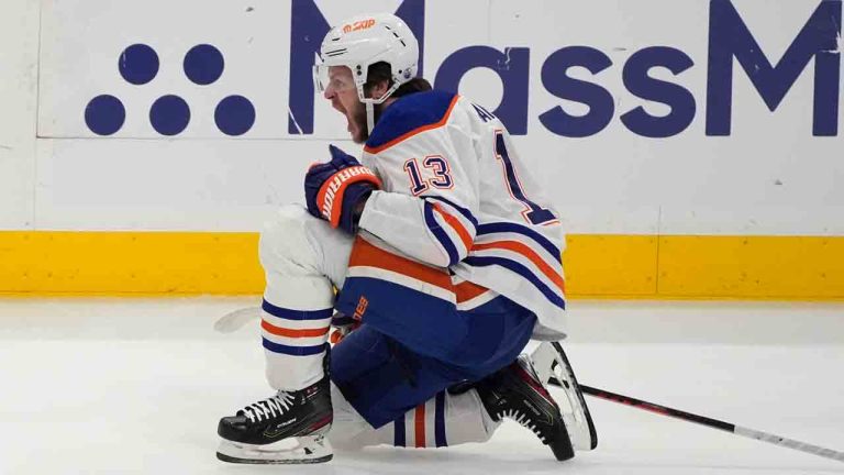 Edmonton Oilers center Mattias Janmark (13) reacts after scoring a goal during the first period of Game 7 of the NHL hockey Stanley Cup Final against the Florida Panthers, Monday, June 24, 2024, in Sunrise, Fla. (Rebecca Blackwell/AP)