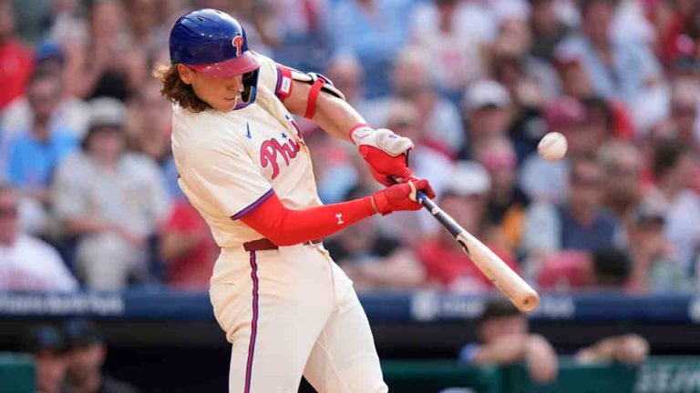 Philadelphia Phillies' Alec Bohm hits an RBI-sacrifice fly against Miami Marlins pitcher Roddery Munoz during the fifth inning of a baseball game, Saturday, June 29, 2024, in Philadelphia. (Matt Slocum/AP)