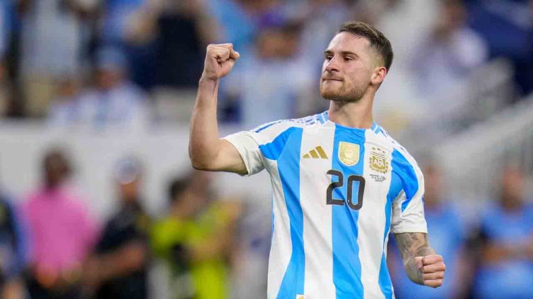 Argentina's Alexis Mac Allister celebrates scoring against Ecuador in a penalty shootout during a Copa America quarterfinal soccer match in Houston, Thursday, July 4, 2024. (Julio Cortez/AP)