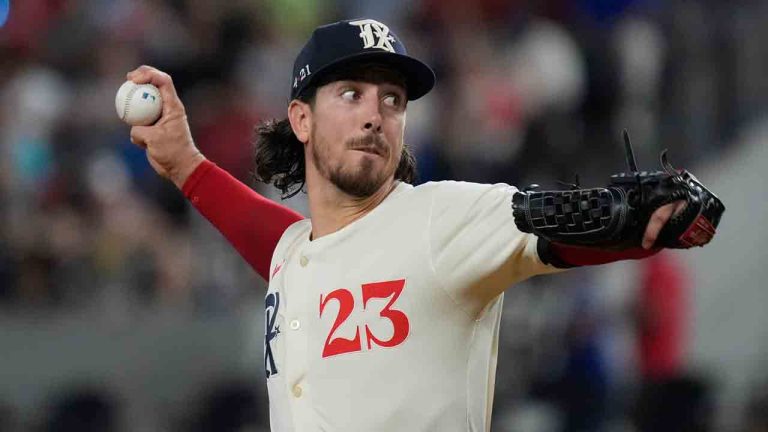 Texas Rangers starting pitcher Michael Lorenzen throws during the first inning of a baseball game against the Tampa Bay Rays in Arlington, Texas, Friday, July 5, 2024. (LM Otero/AP)