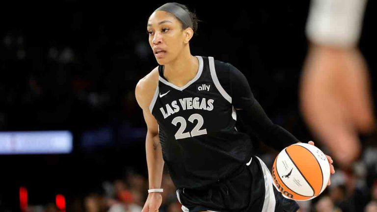 Las Vegas Aces centre A'ja Wilson takes the ball upcourt against the Dallas Wings during the second half of a WNBA basketball game Sunday, July 7, 2024, in Las Vegas. (Steve Marcus/Las Vegas Sun via AP)