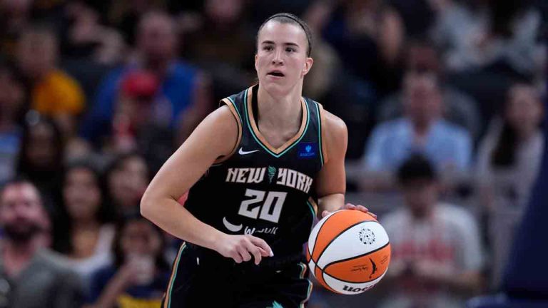 New York Liberty's Sabrina Ionescu dribbles during the first half of a WNBA basketball game against the Indiana Fever, Saturday, July 6, 2024, in Indianapolis. (Darron Cummings/AP)