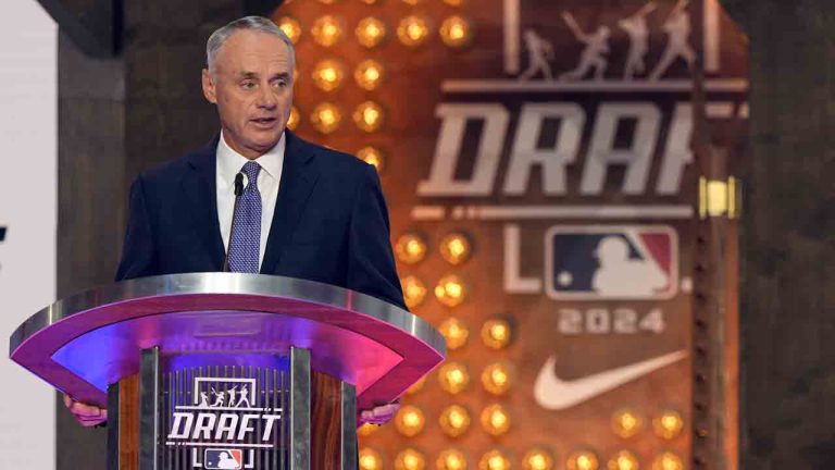 Major League Baseball Commissioner Rob Manfred makes comments during the MLB baseball draft in Fort Worth, Texas, Sunday, July 14, 2024. (LM Otero/AP)