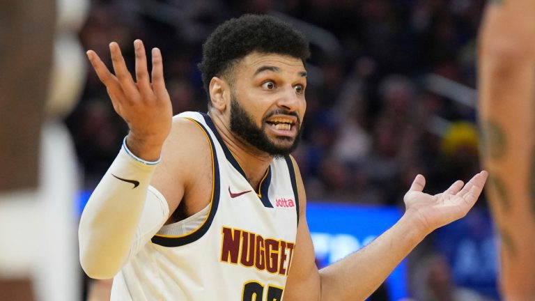 Denver Nuggets guard Jamal Murray (27) reacts to a call during the second half of the team's NBA basketball game against the Golden State Warriors on Thursday, Jan. 4, 2024, in San Francisco. (Loren Elliott/AP) 