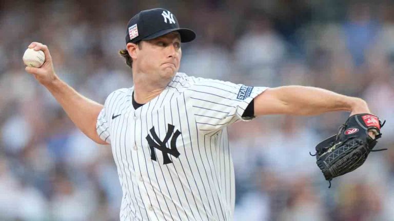 New York Yankees' Gerrit Cole pitches during the first inning of a baseball game against the Tampa Bay Rays, Friday, July 19, 2024, in New York. (Frank Franklin II/AP)