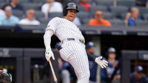 New York Yankees' Juan Soto looks after his solo home run during the seventh inning of a baseball game against the Tampa Bay Rays at Yankee Stadium Monday, July 22, 2024, in New York. (Seth Wenig/AP)