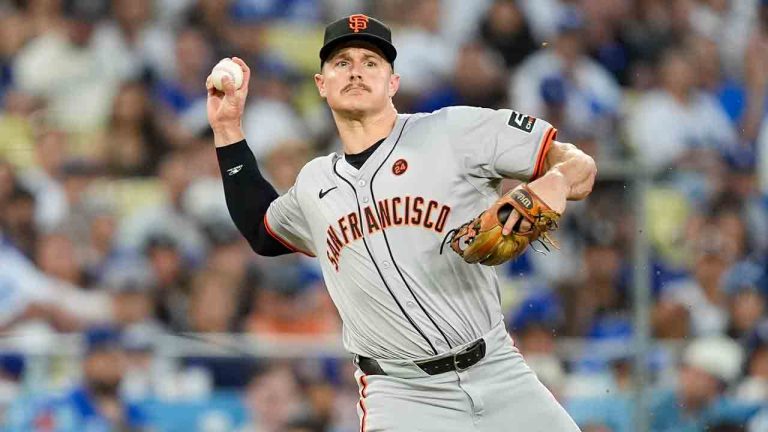 San Francisco Giants third baseman Matt Chapman throws out Los Angeles Dodgers' Will Smith at first during the third inning of a baseball game, Wednesday, July 24, 2024, in Los Angeles, Calif. (Ryan Sun/AP)